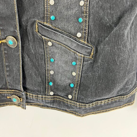 DG2 by Diane Gilman Black Western Stretch Jean Jacket Size M  Faux Turquoise - Picture 8 of 9